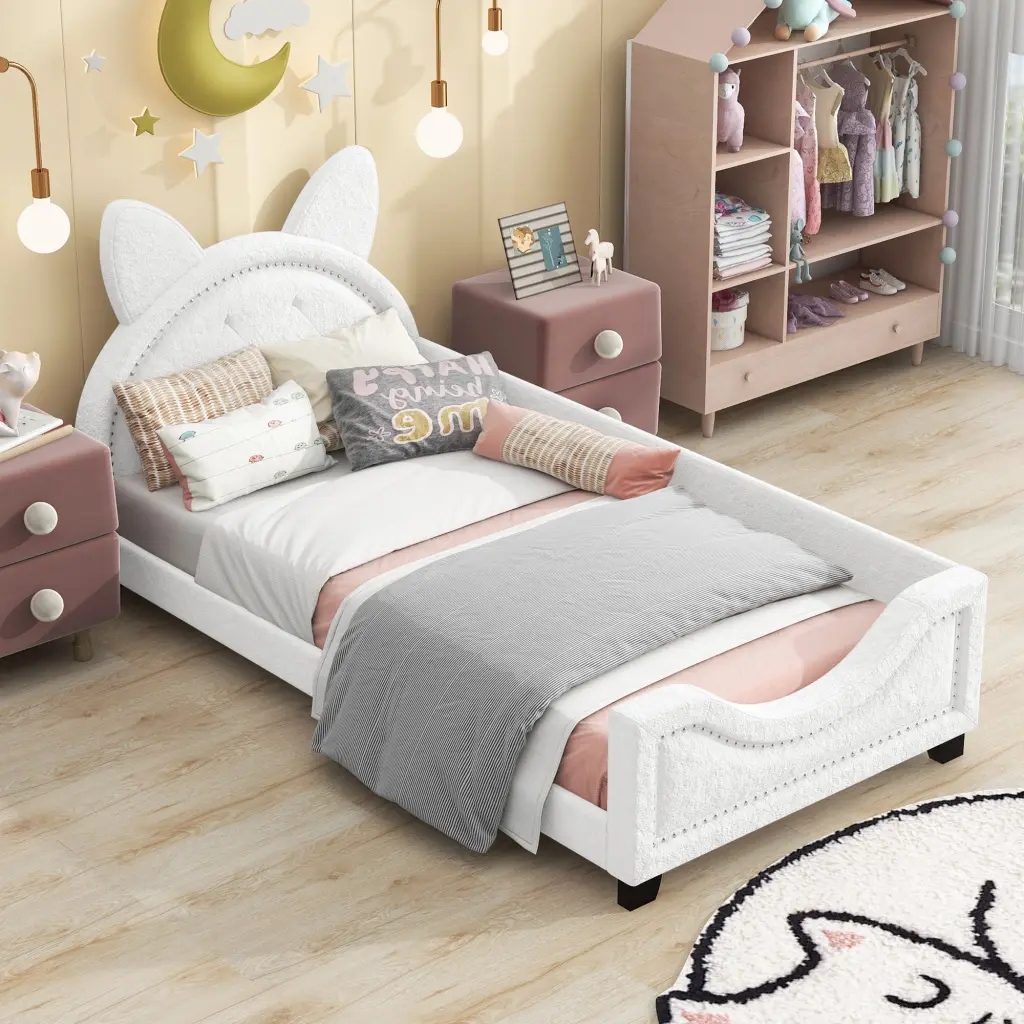 Teddy Fleece Twin Size Upholstered Daybed Carton Ears Kids Room wm store