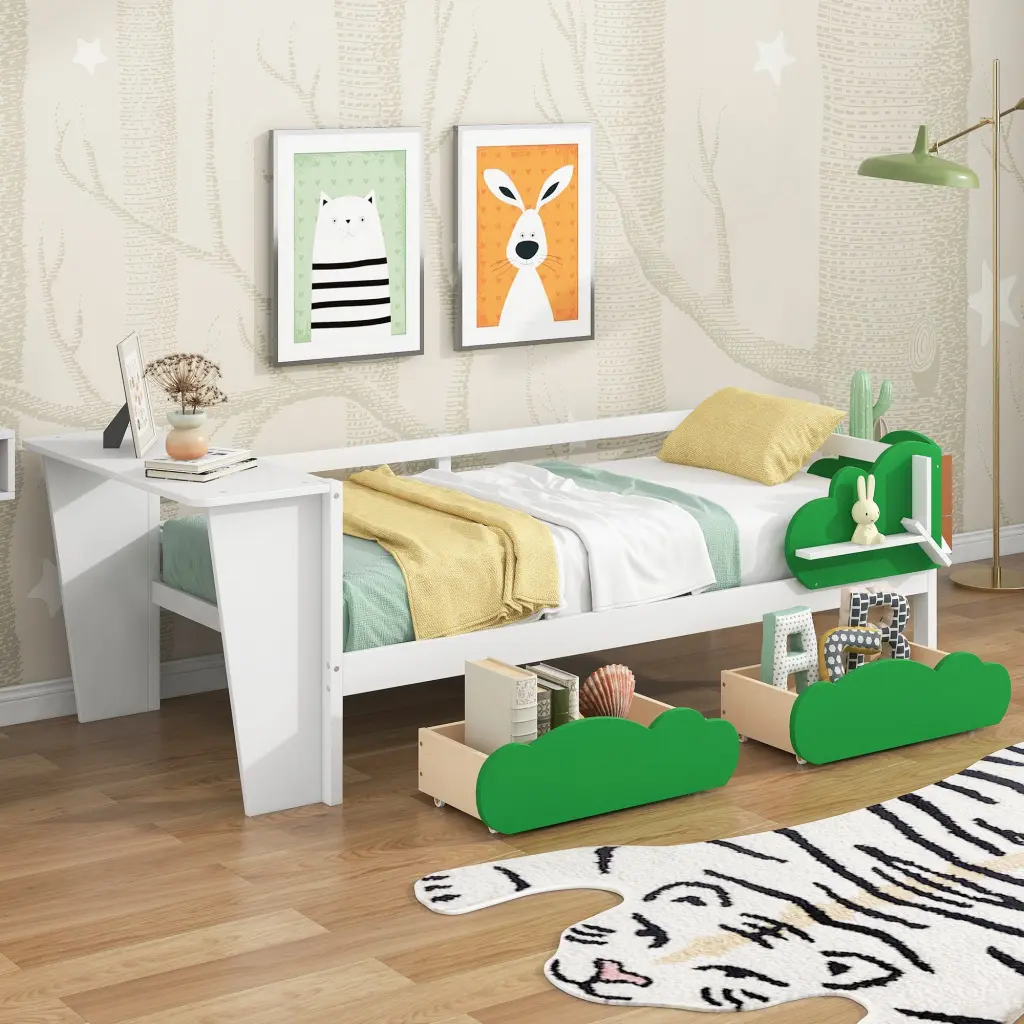 Twin Size Daybed Desk Green Leaf Influence White Finish wm store