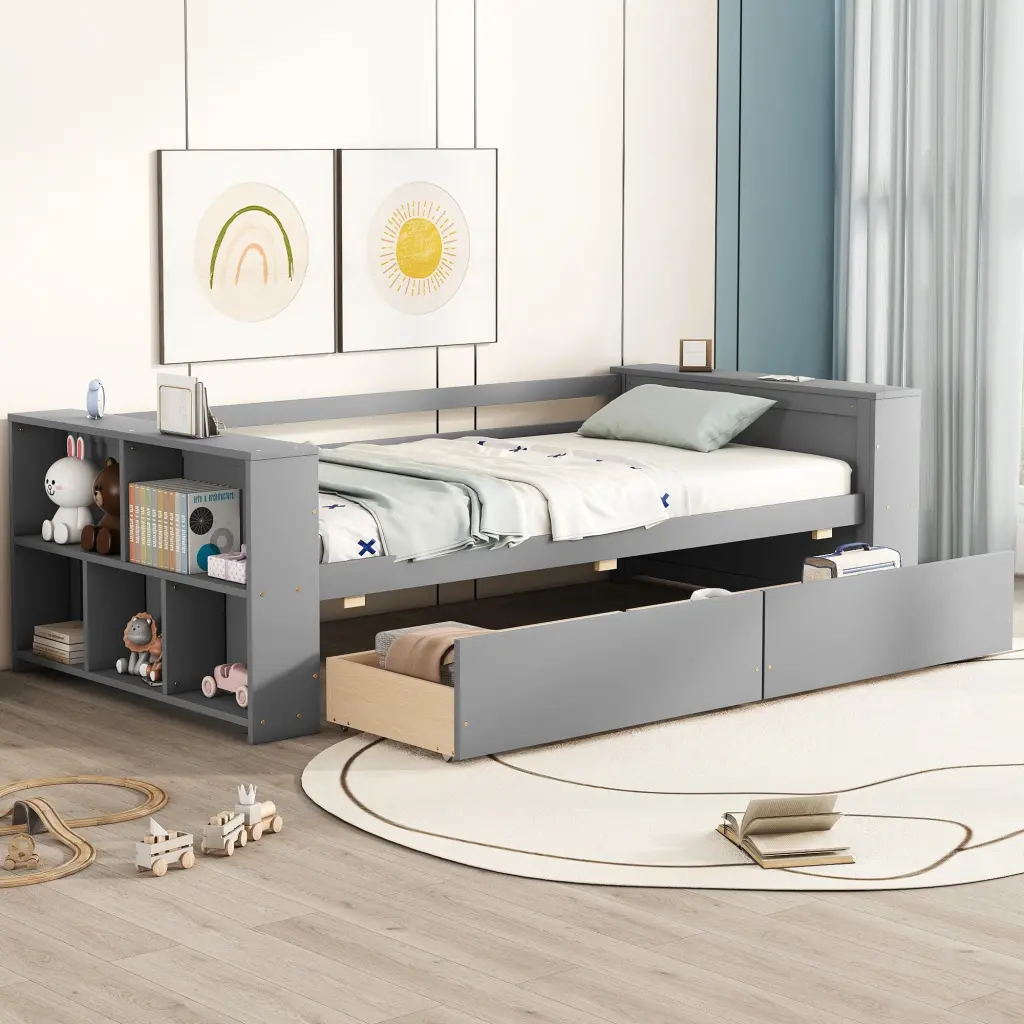 Twin Size Daybed Shelves and Drawers Gray Twin Gray Pine Multi Functional Bed wm store