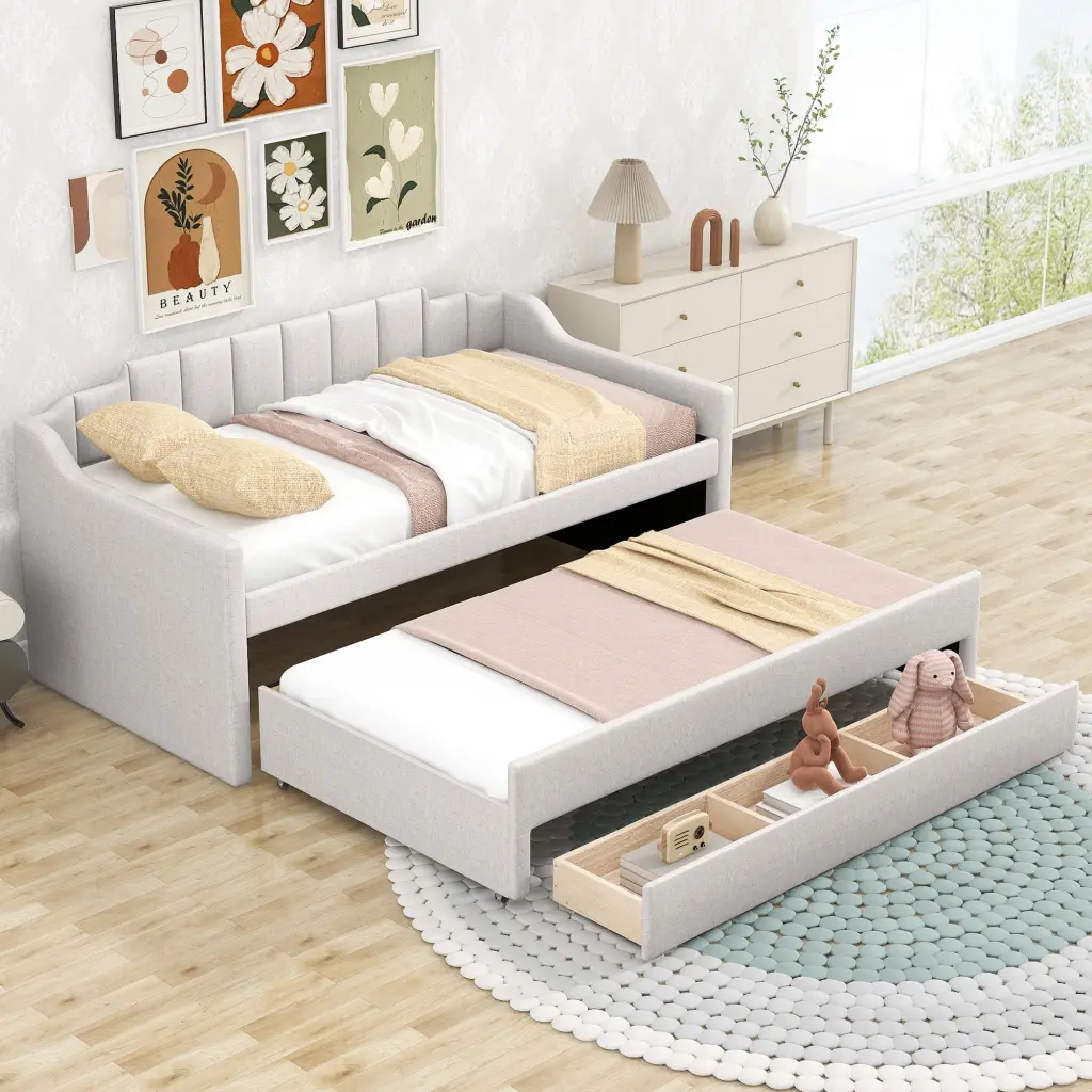Twin Size Upholstered Daybed Trundle and Three Drawers Beige wm store