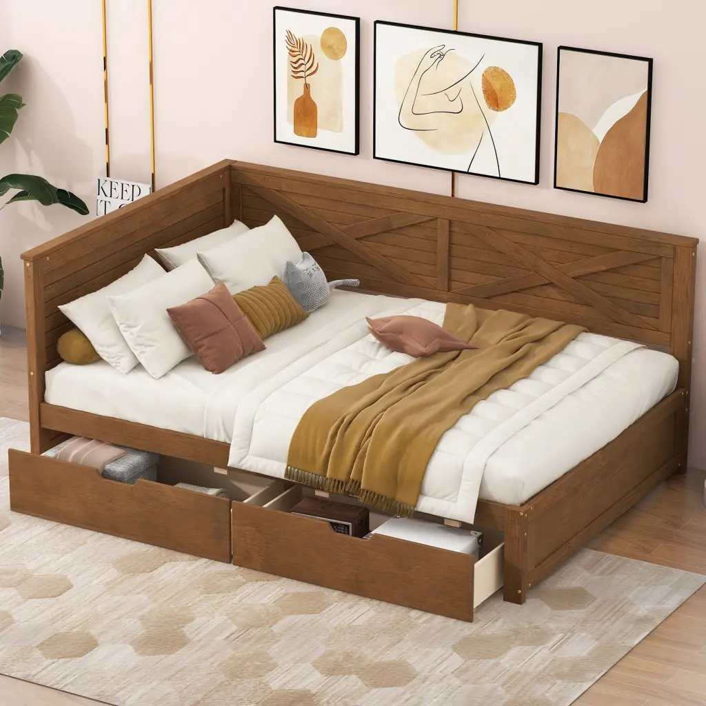 Twin Size Wood Daybed 2 Drawers And Rustic Guardrail Ancient Brown Finish wm store