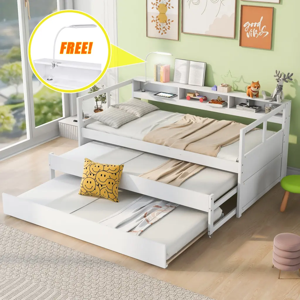 Twin XL Wood Daybed 2 Trundles, 3 Storage Cubbies, 1 Light and USB wm store