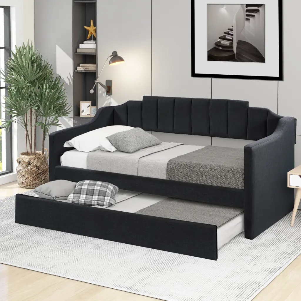 Upholstered Twin Daybed Trundle Black Upholstered Modern Space Saving Design wm store