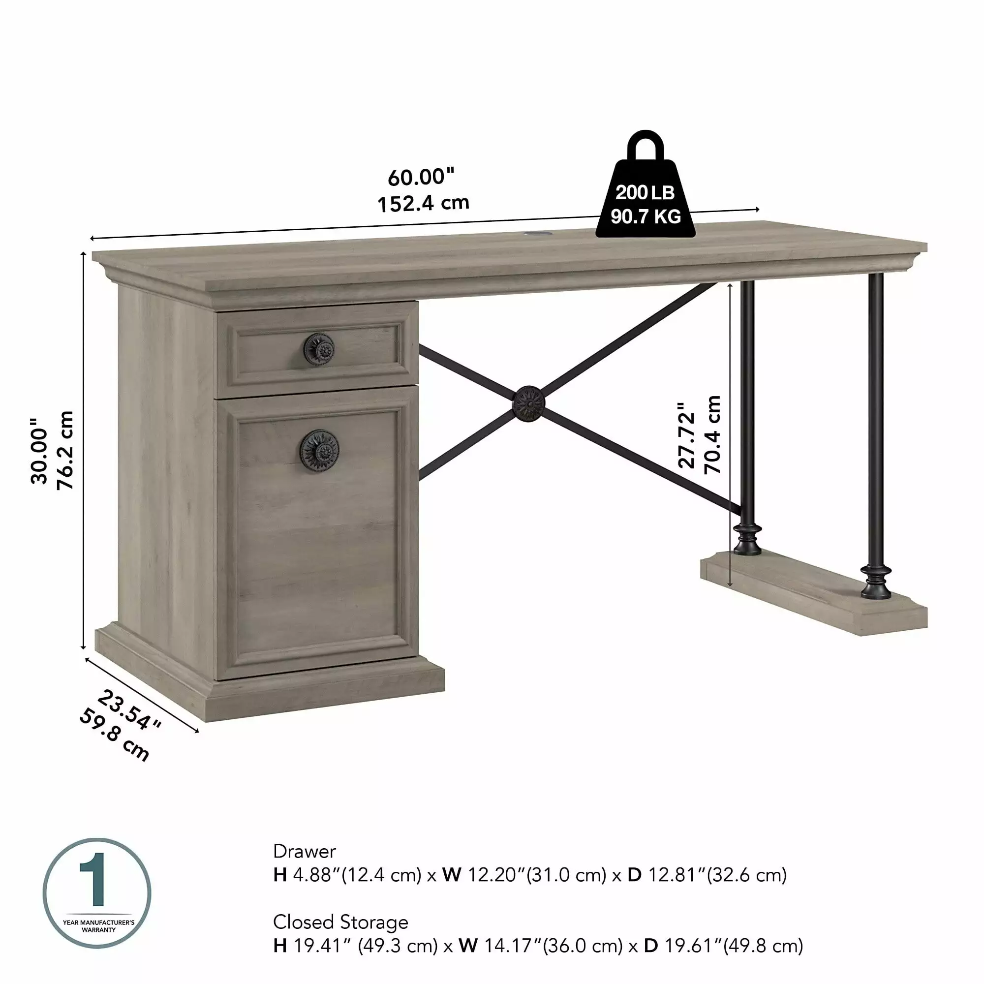 Coliseum 60W Designer Desk Storage Driftwood Gray Engineered Wood Bush Furniture