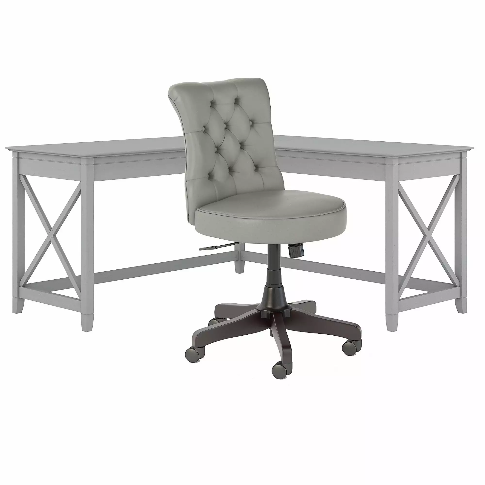 Bush Furniture Key West 60W L Shaped Desk Mid Back Tufted Office Chair Cape Cod Gray