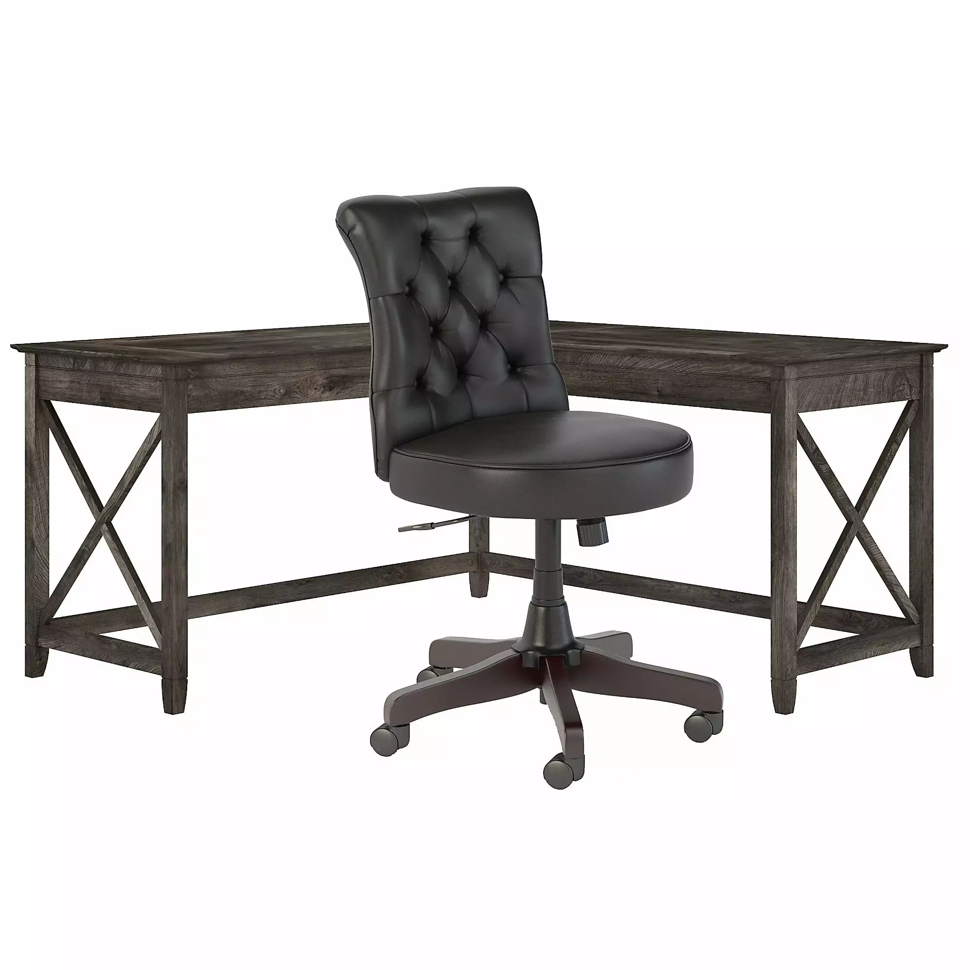 Bush Key West Engineered Wood L-Shaped Desk and Chair Set Dark Gray Hickory - Complete Office Solution Bush Furniture