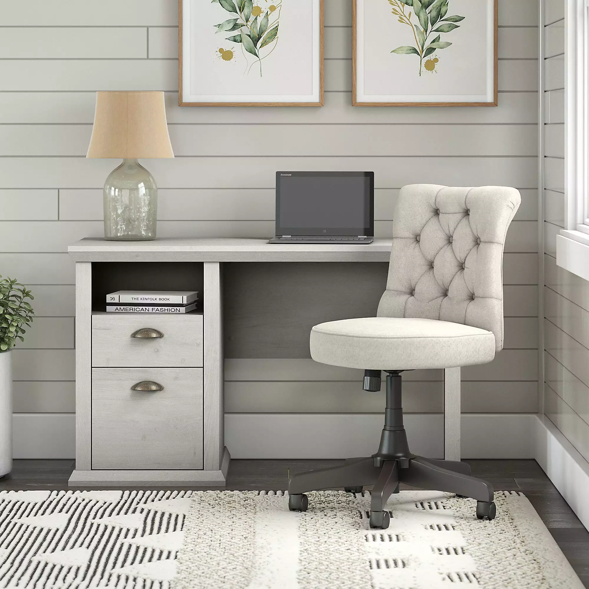 Bush Yorktown 50 Engineered Wood Home Office Desk Chair Set White Oak Bush Furniture