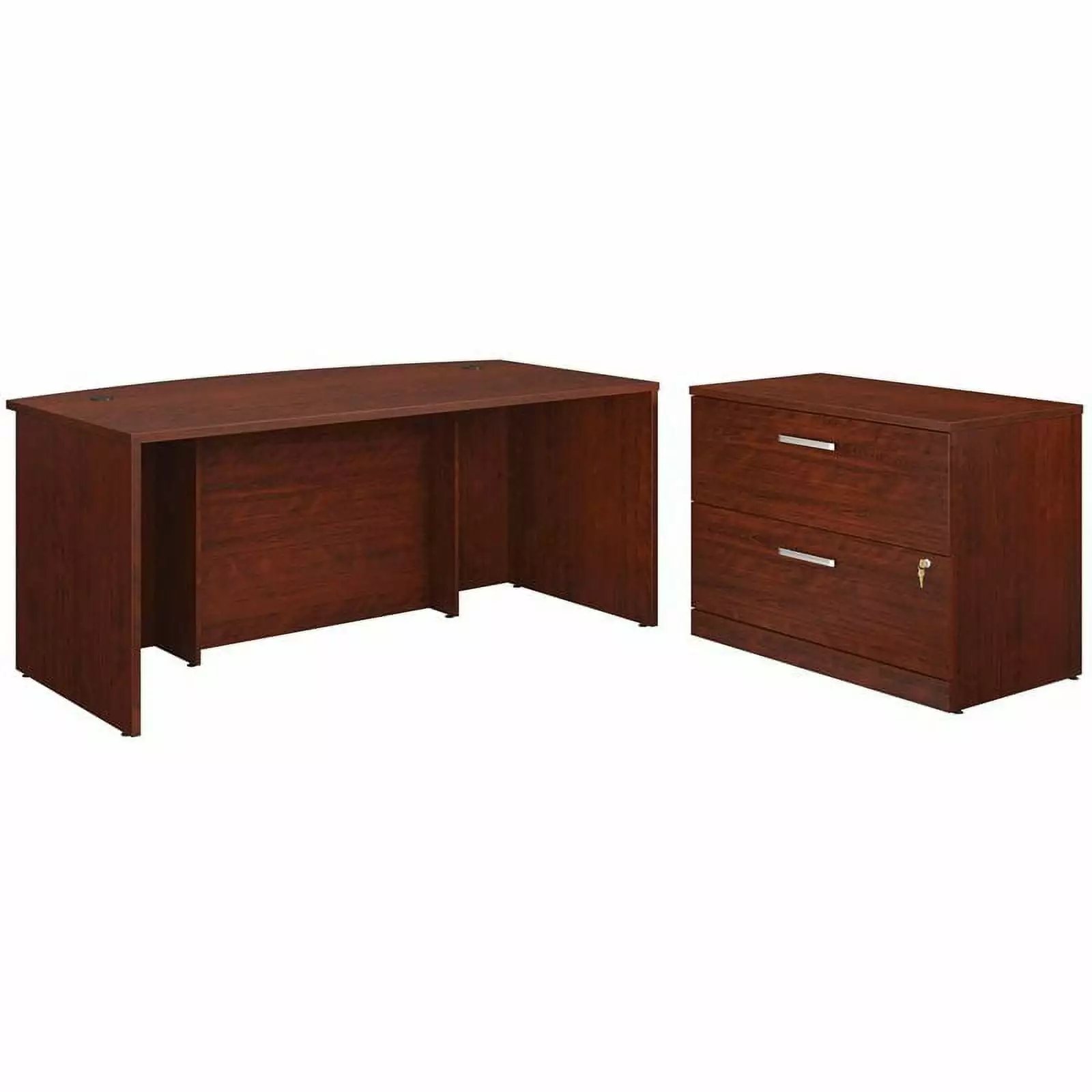 Pemberly Row 72 Inch Bow Front Desk Lateral File Cabinet Classic Cherry