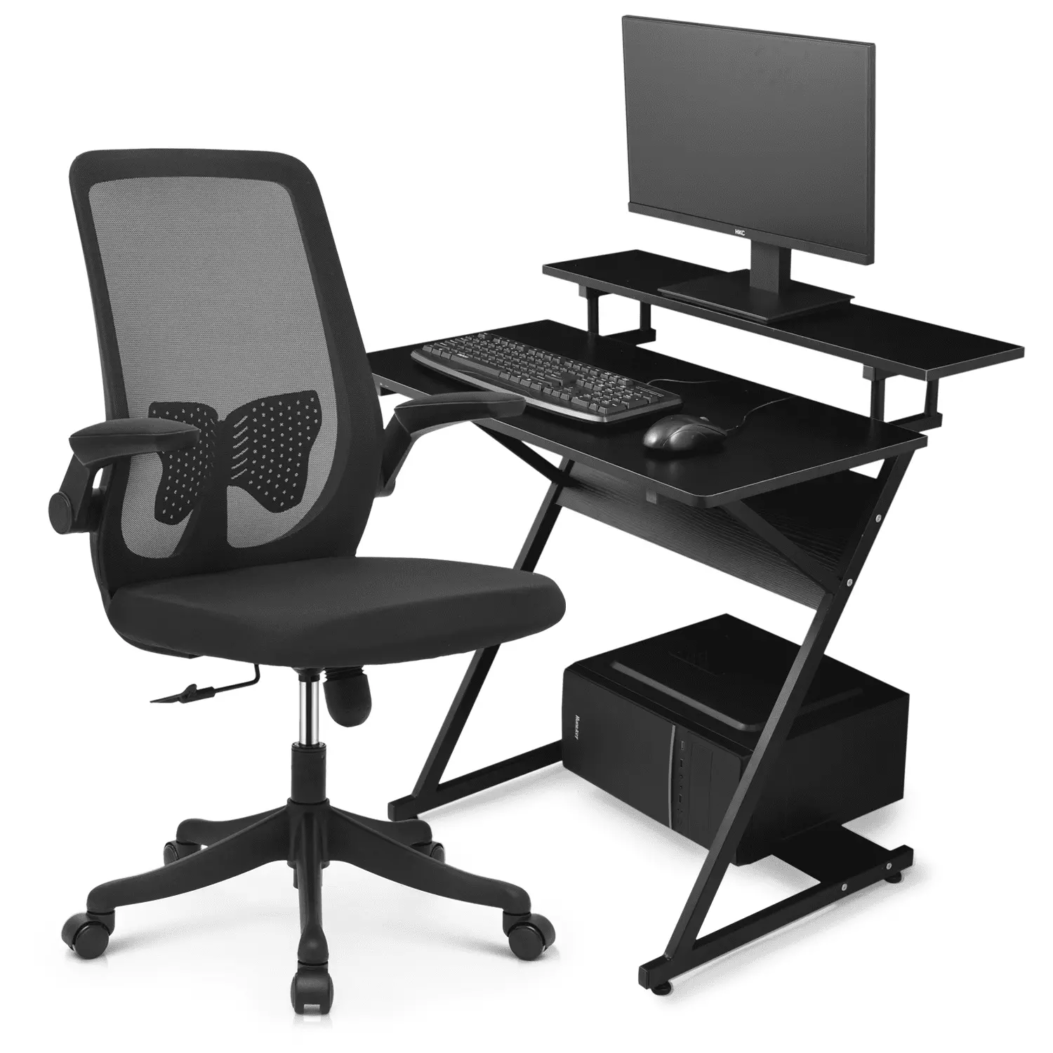 Magshion Computer Desk & Chair Set Adjustable Height Rolling Office Chair Flip Up Armrest & 2-Tier Table Monitor Storage S...