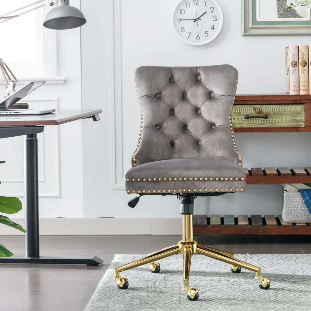 Velvet Upholstered Tufted Button Home Office Chair Gold Base a-a furniture