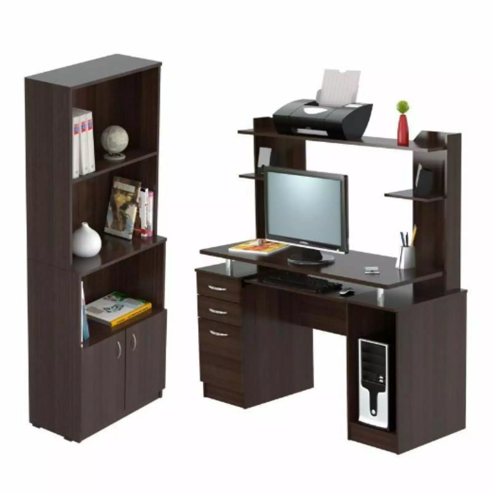 Home Square 2-Piece Set Computer Desk Hutch and 3 Shelf Bookcase - Complete Office Solution
