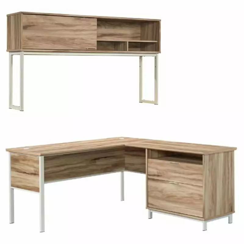 Home Square 2-Piece Set L-Shape Desk & Metal Computer Hutch - Modern Office Furniture