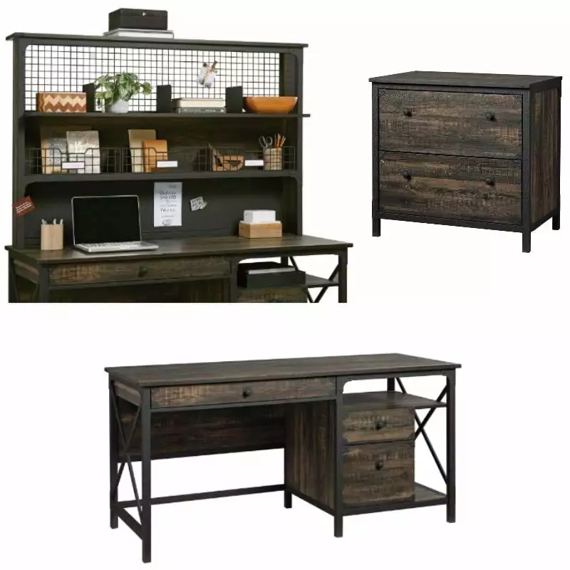 Home Square 3-Piece Computer Desk Set Hutch and Lateral File Cabinet