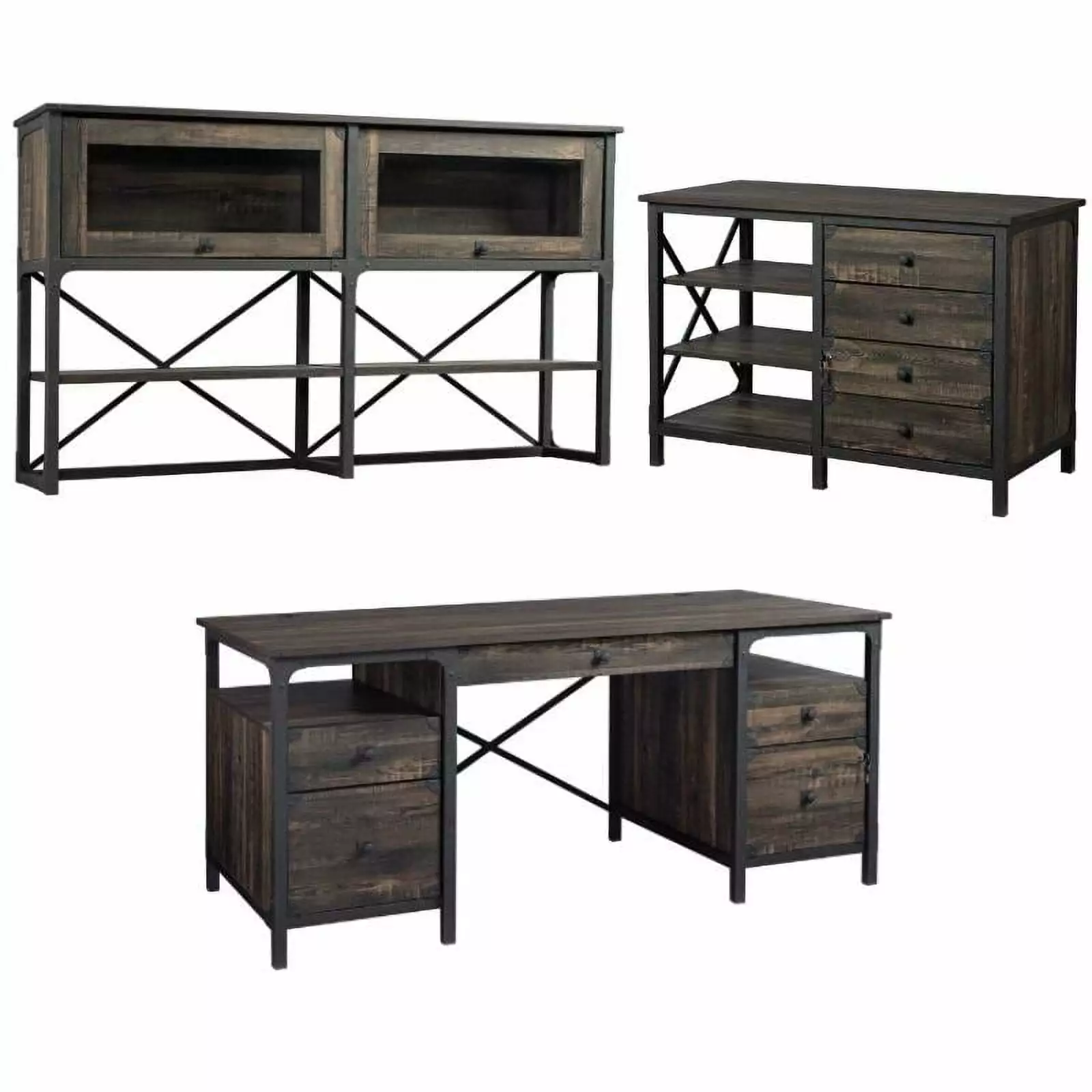 Home Square 3-Piece Executive Desk Set Large Hutch and Small Credenza