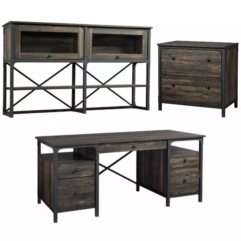 Home Square 3-Piece Executive Desk Set Large Hutch and Lateral File Cabinet