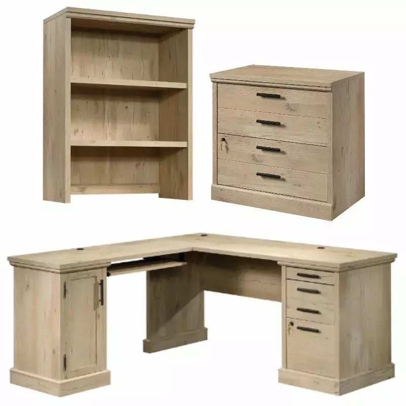 Home Square L-Shaped Desk 3-Piece Set Library Hutch and File Cabinet