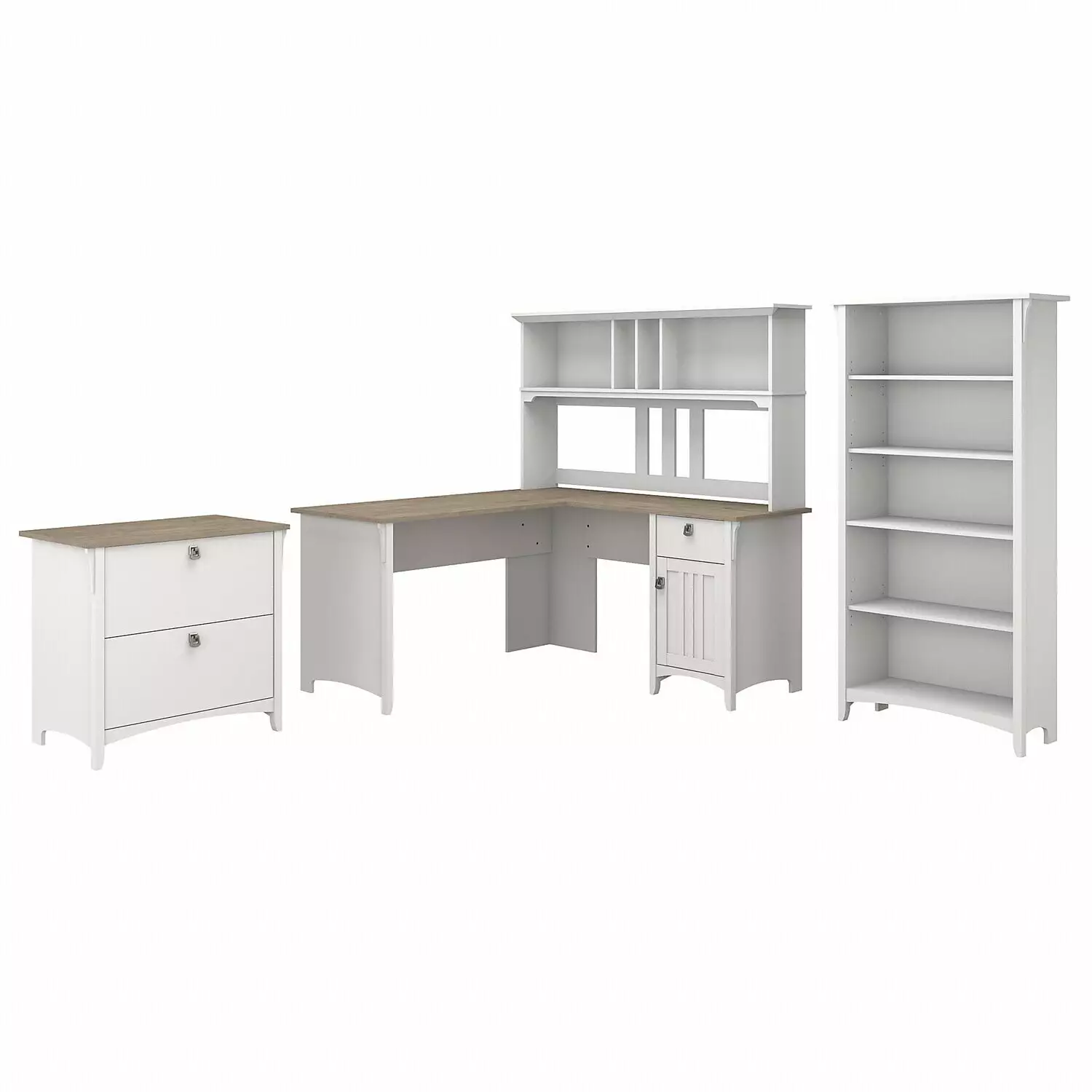 Maykoosh Island Oasis 60W L Shaped Desk Hutch Lateral File Cabinet And 5 Shelf Bookcase