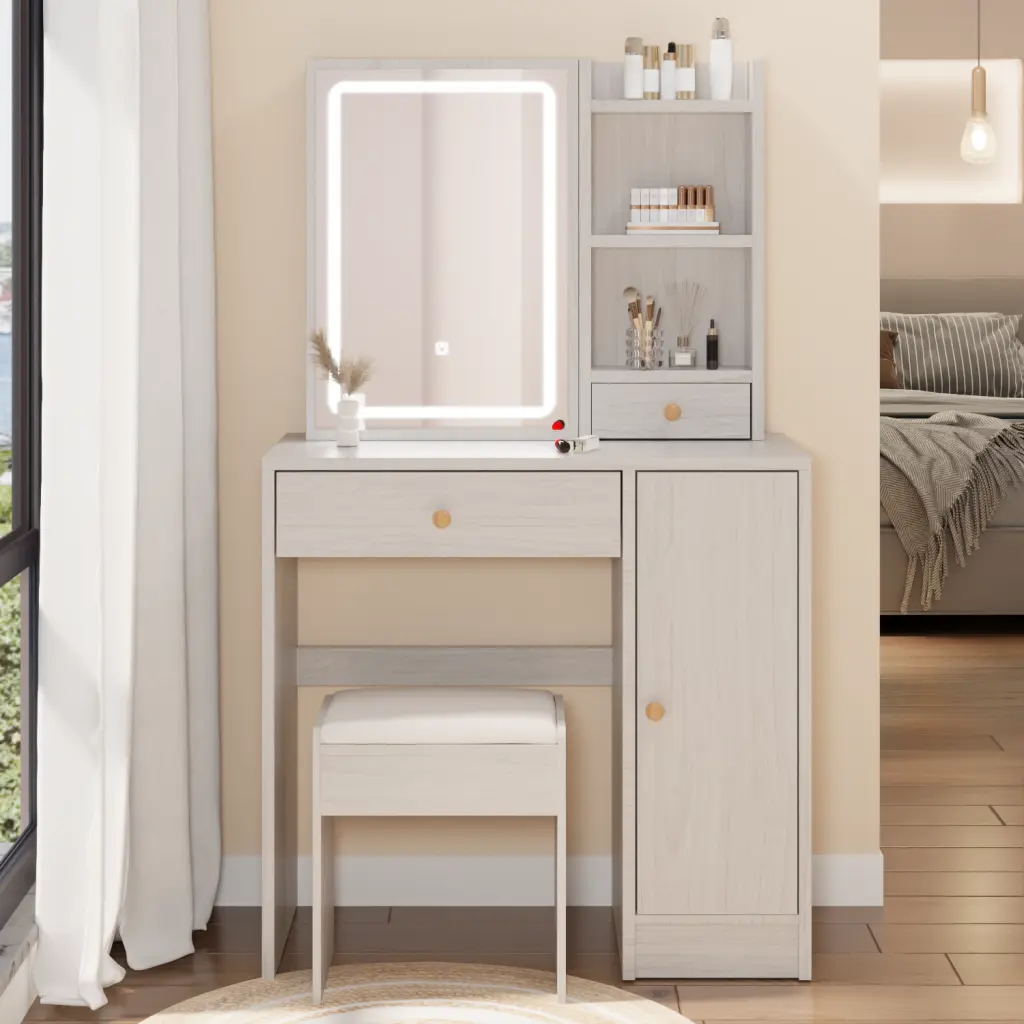 Right Cabinet Desktop Vanity Table Cushioned Stool and Extra Large Sliding Drawers rnb