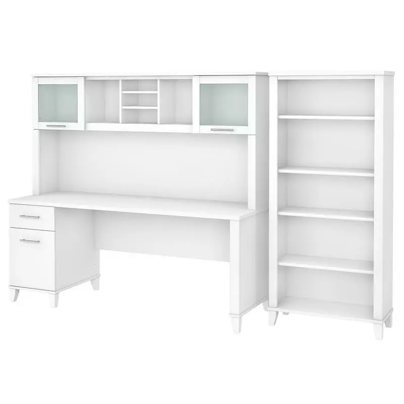 Pemberly Row 72W Desk Hutch and Bookcase White Engineered Wood