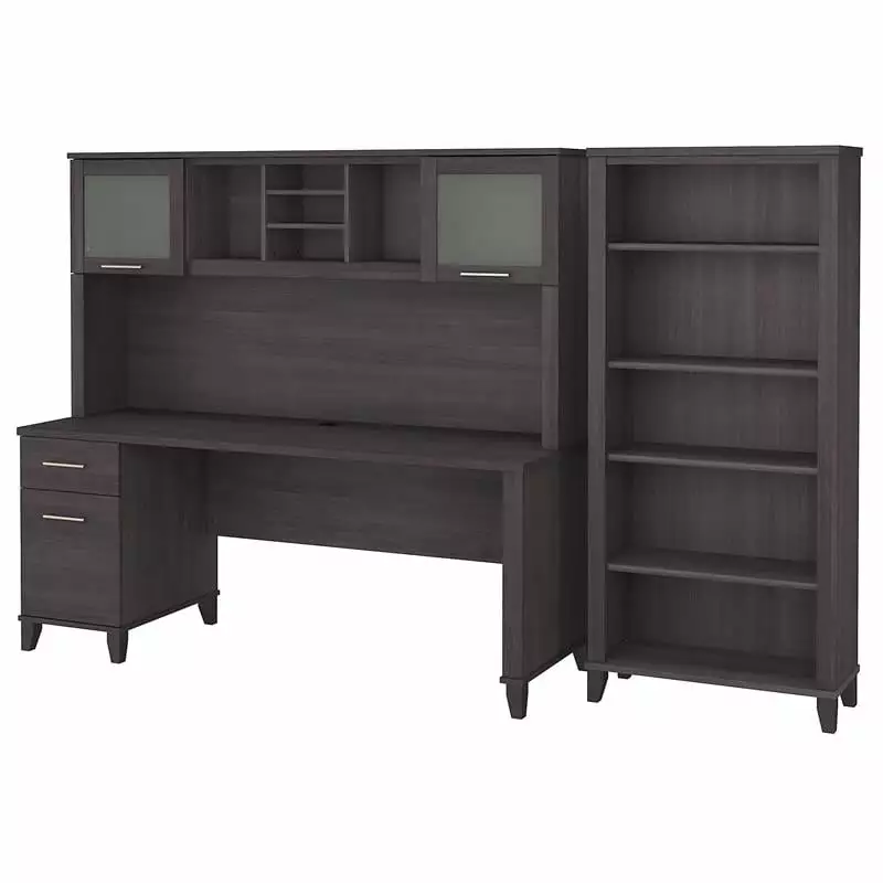 Pemberly Row 72W Desk Hutch and Bookcase Storm Gray Engineered Wood