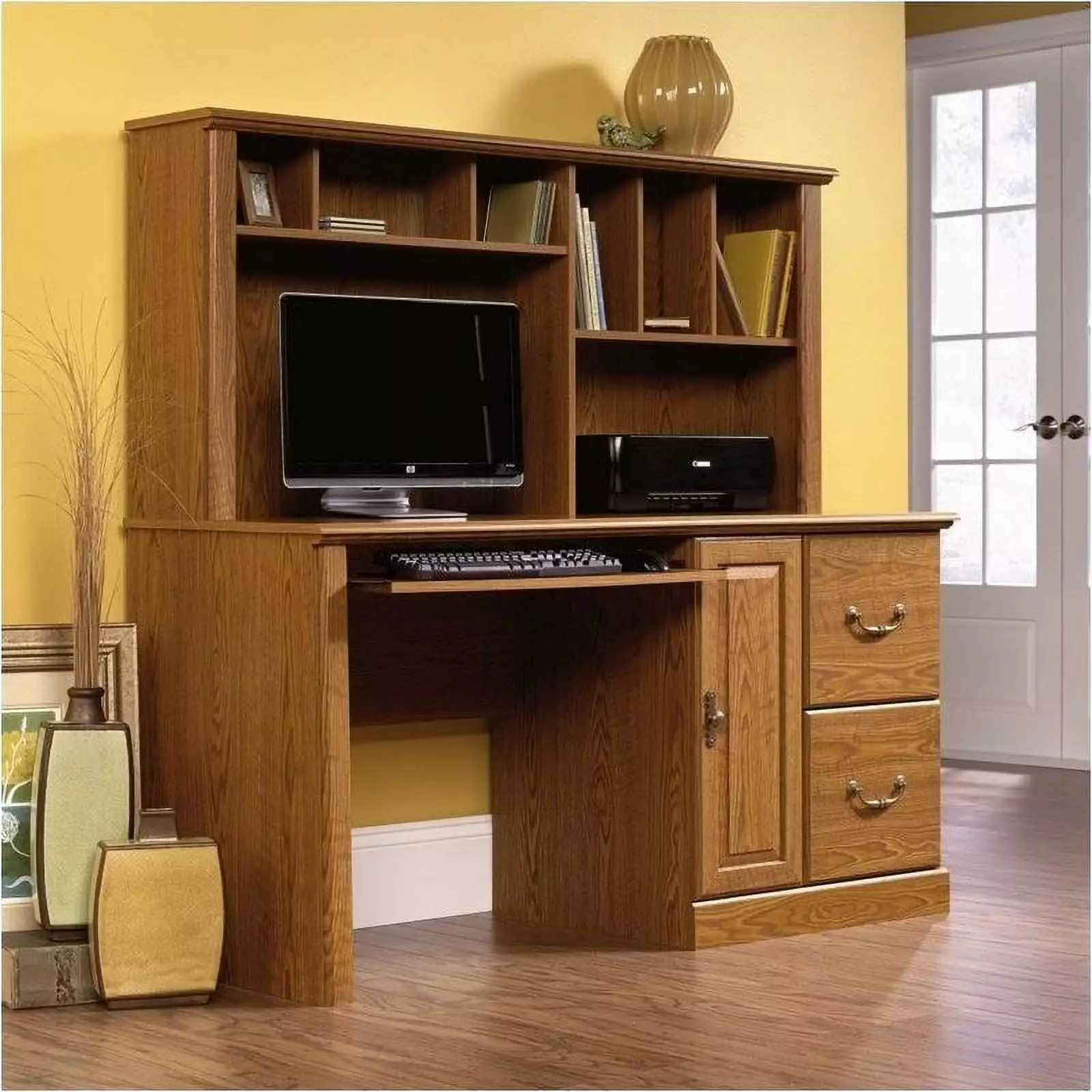 Pemberly Row Wood Computer Desk Hutch Carolina Oak Traditional Style
