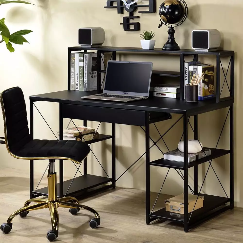 Black Modern Computer Desk Shelves and Keyboard Tray Home Office Storage Hutch ARCTICSCORPION