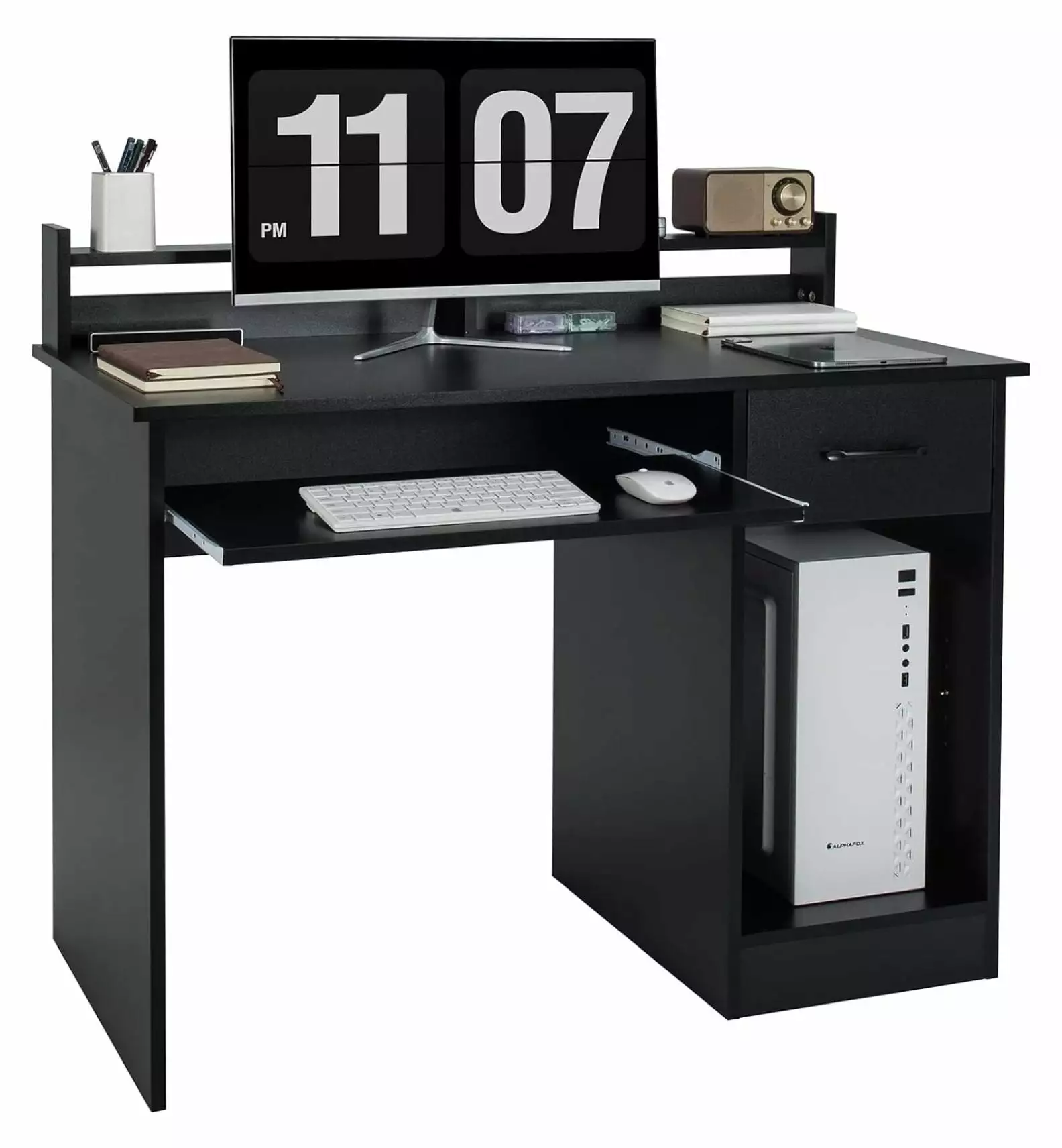 Drevy Computer Desk Hutch and Drawer - Black Study Writing Desk Adjustable Shelf