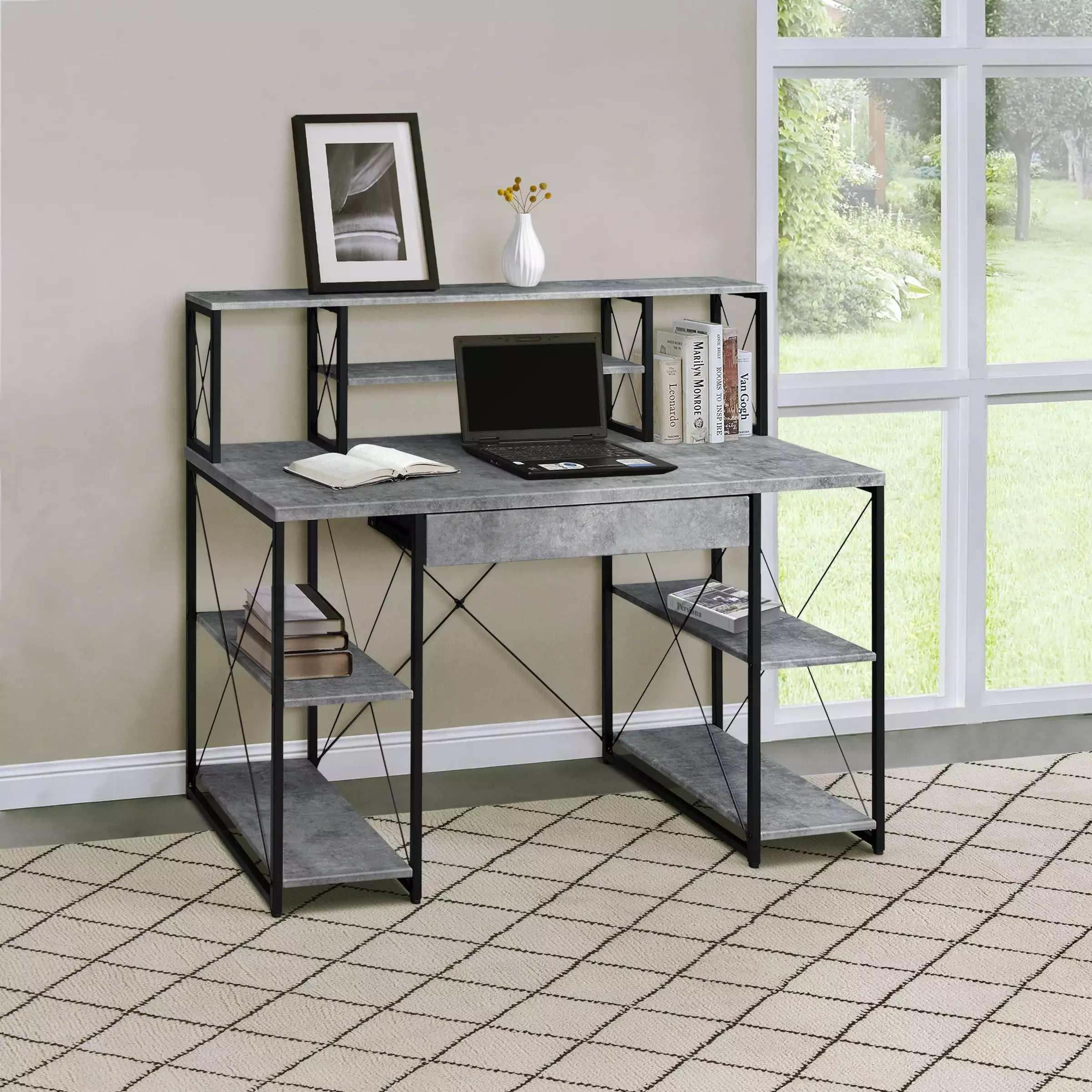 GeeHome Grey and Black Office Desk Open Shelves and Hutch