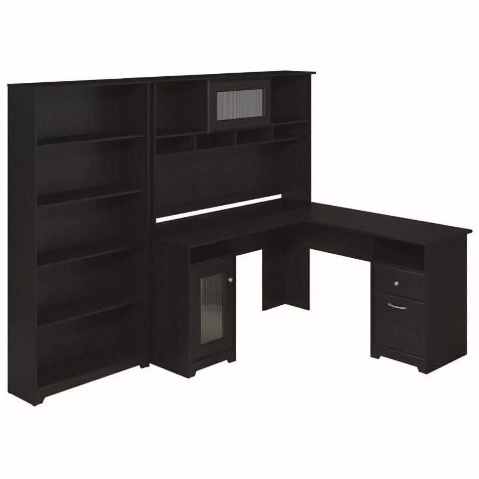 Pemberly Row 60 L-Shape Desk Hutch and Bookcase Espresso Oak - Complete Office Solution