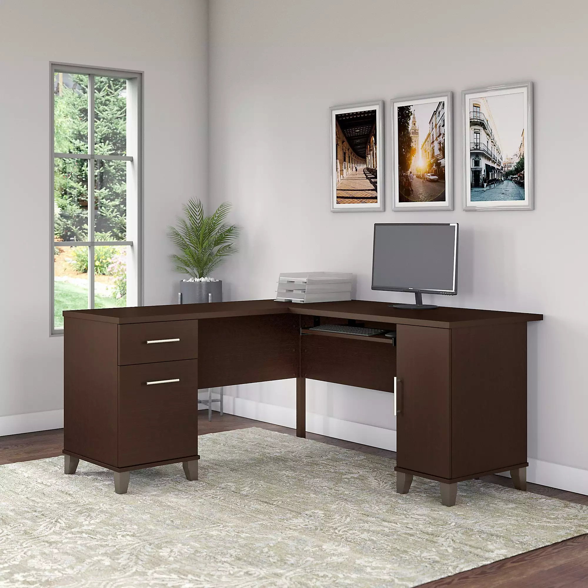 Bush Furniture Somerset 60 L Desk Keyboard Tray File Drawer Box Drawer and Storage Cabinet Mocha Cherry