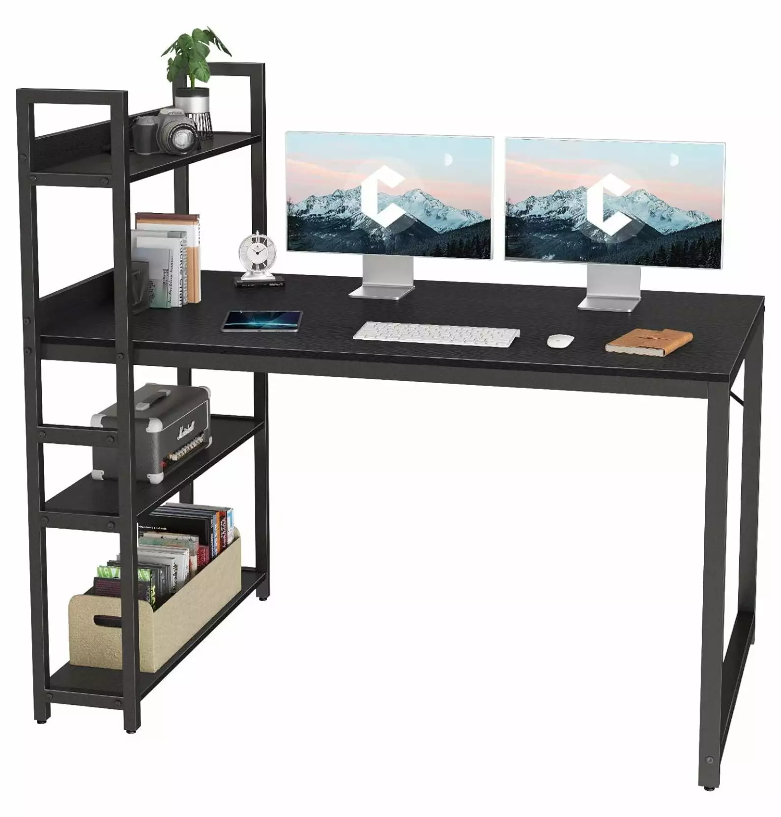 Killeryuki Computer Desk 55 Inch Storage Shelves Reversible Study Writing Table Black