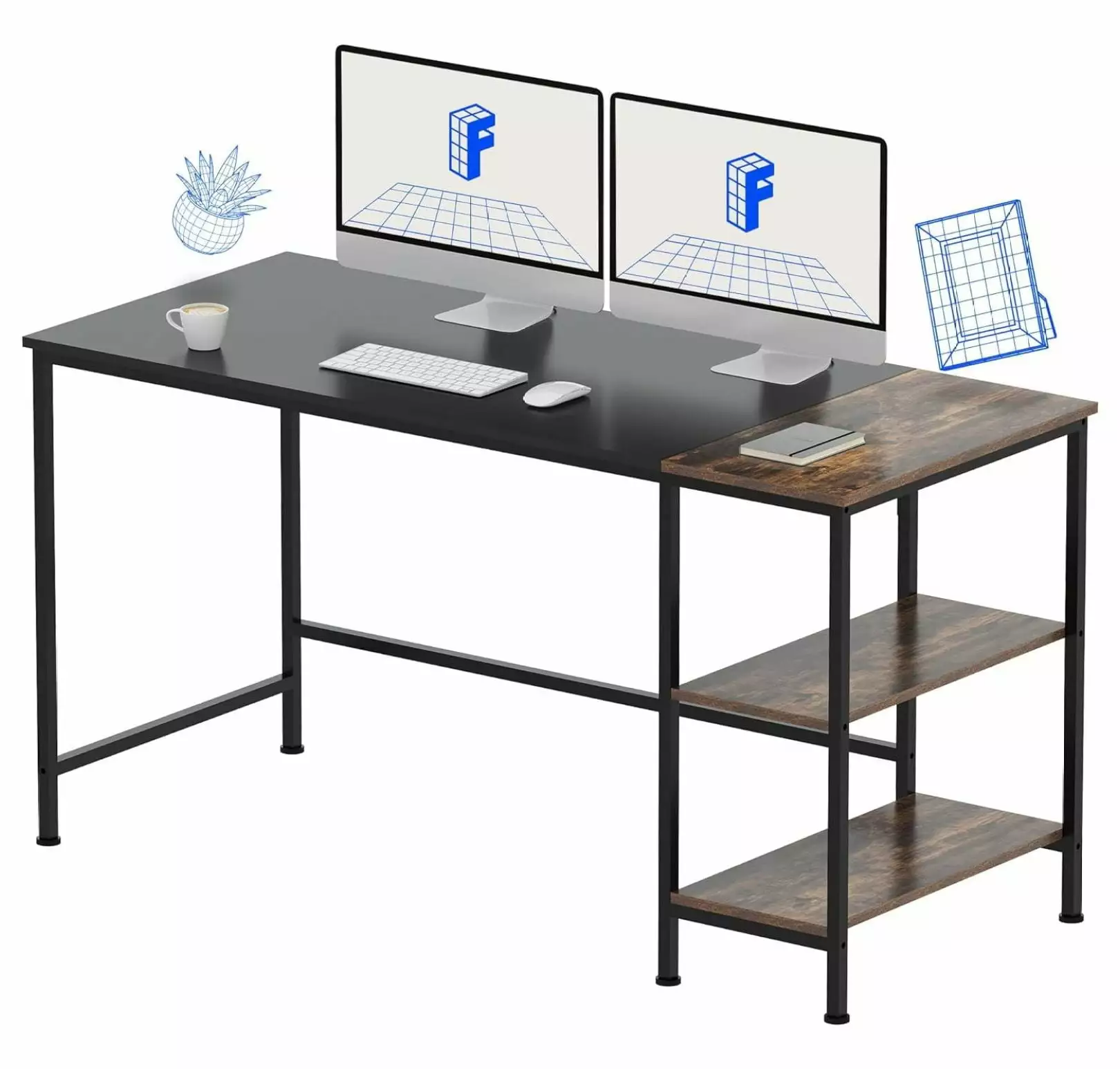 Killeryuki 55 Inch Computer Desk Reversible Storage Shelves Home Office Workstation Black and Rustic