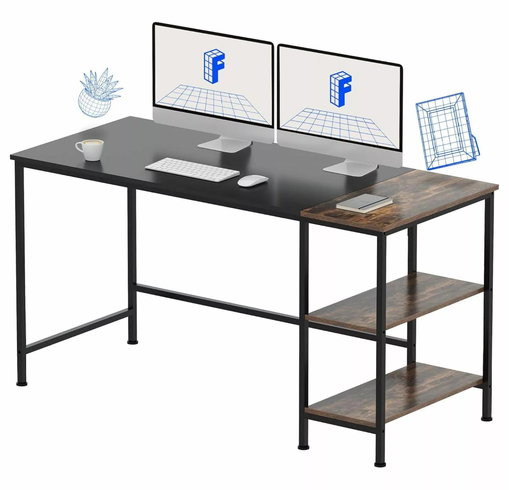 Killeryuki 55 Inch Computer Desk Reversible Storage Shelves Home Office Workstation Black and Rustic