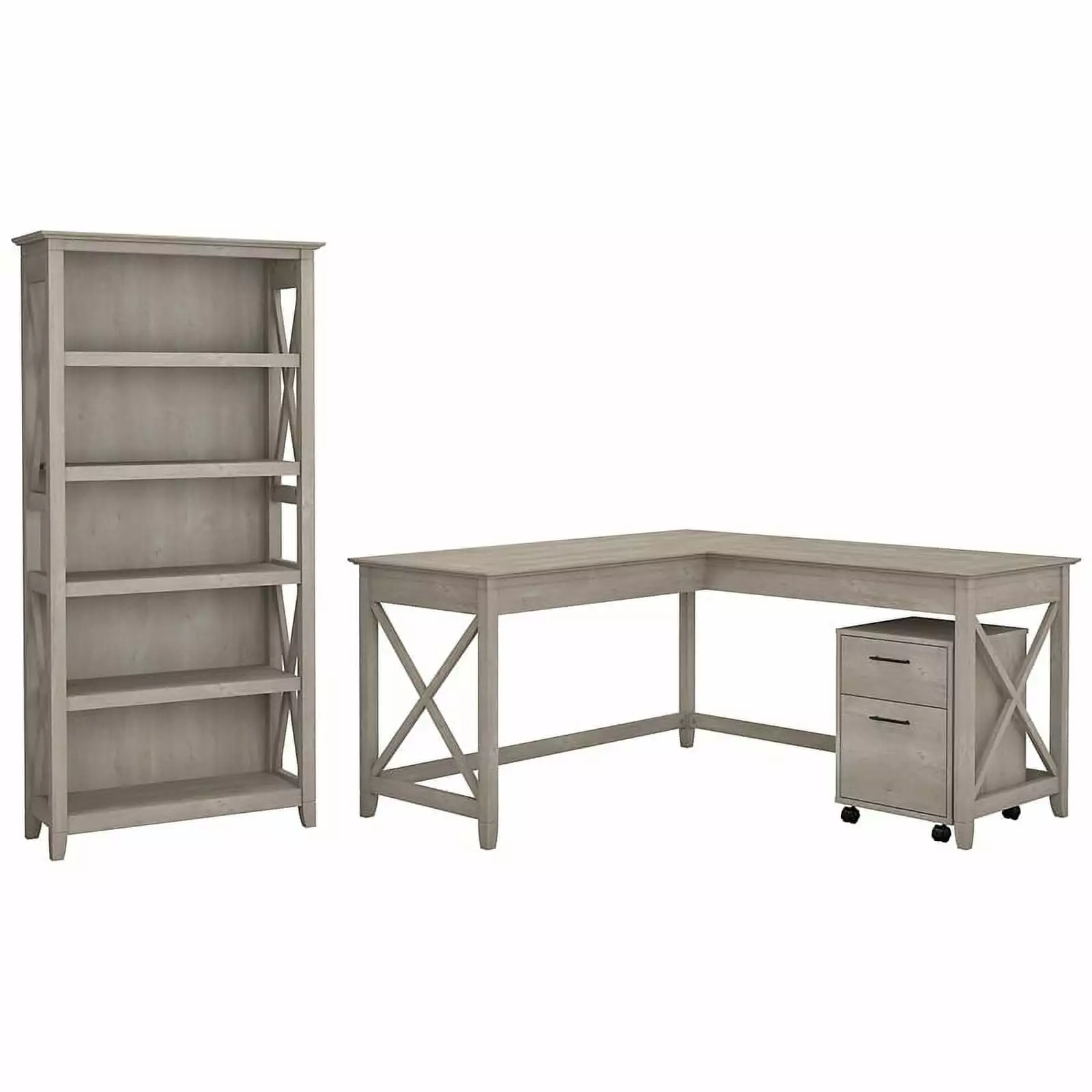 Scranton & Co Furniture Key West 60W L Desk w/ Cabinet & Bookcase Washed Gray - Home Office Desk