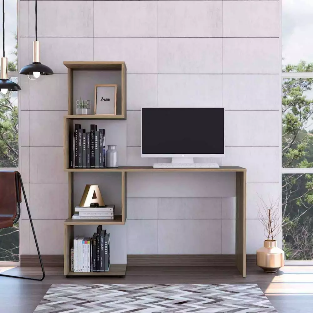 We Have Furniture Computer Desk Jayess Four-Tier Storage Shelves - Light Oak and White Study Table