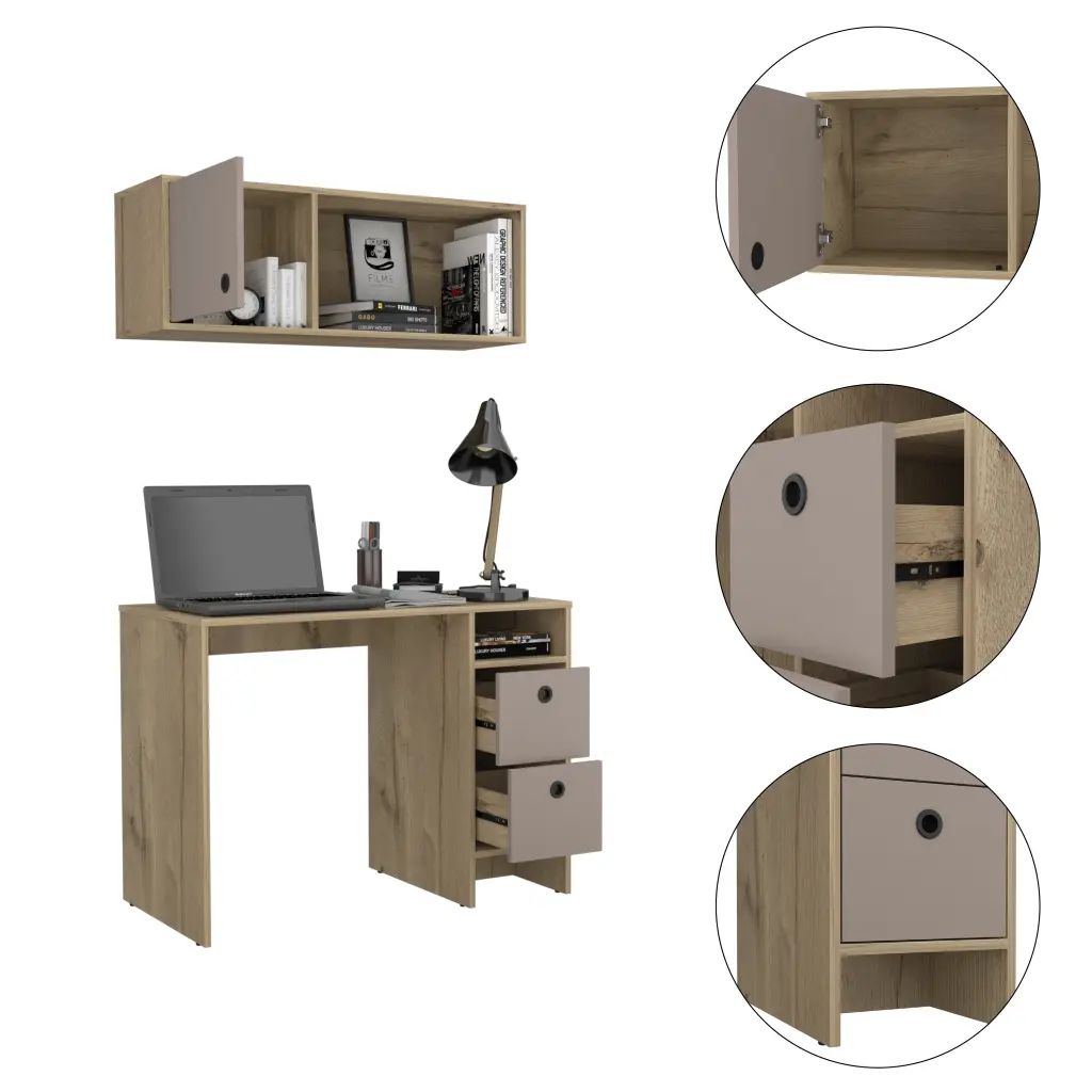 Light Oak and Taupe 2 Shelf 3 Drawer Office Set Modern Workspace furniture max