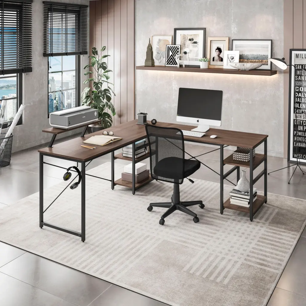 Techni Mobili L Influence Industrial Desk Storage Shelves Walnut Finish technimobili
