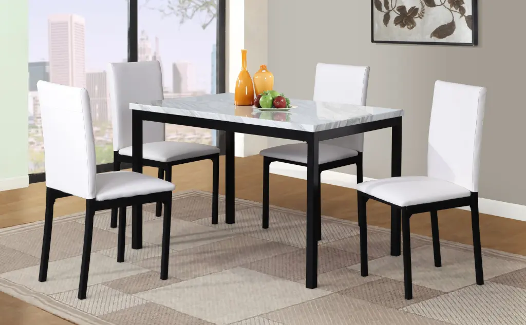 Citico 5 Piece Metal Dinette Set Laminated Off White Faux Marble Table Top hz