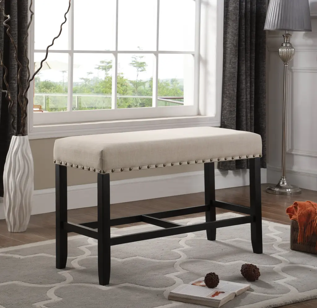 Biony Fabric Counter Height Dining Bench Trim Tan Polyester hz