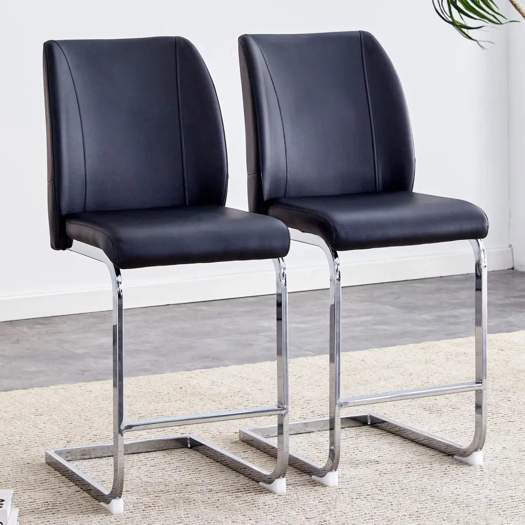 Set Two Black Chairs PU Pads and Silver Metal Legs droom w-1151