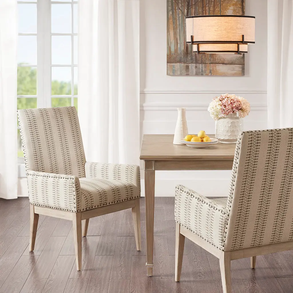 High Back Dining Armchair Set 2 Natural Polyester Upholstered Chairs jla