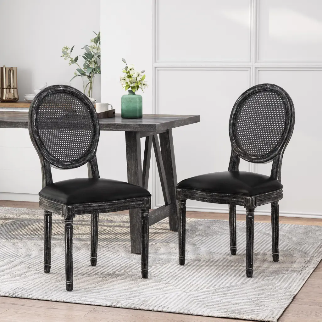 Dining Chair MP2 Set 2 Black Wood Fabric Rattan Modern Chairs nh-cloudhouse