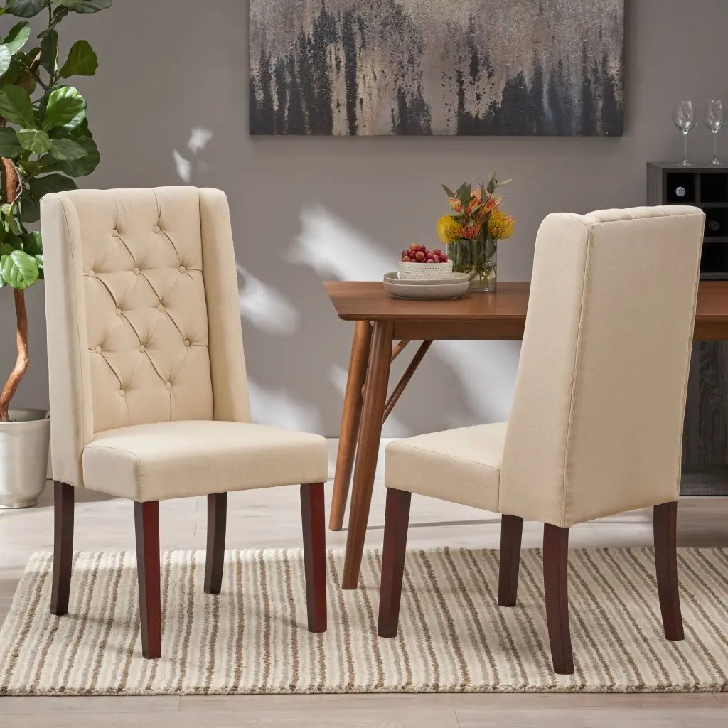 Dining Chair Beige Wood Fabric Upholstered Seat nh-purenest