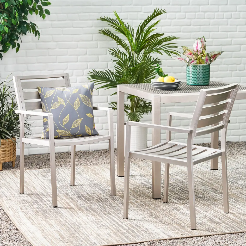 Outdoor Modern Aluminum Dining Chair Silver Set 2 Patio Chairs nh-uhome