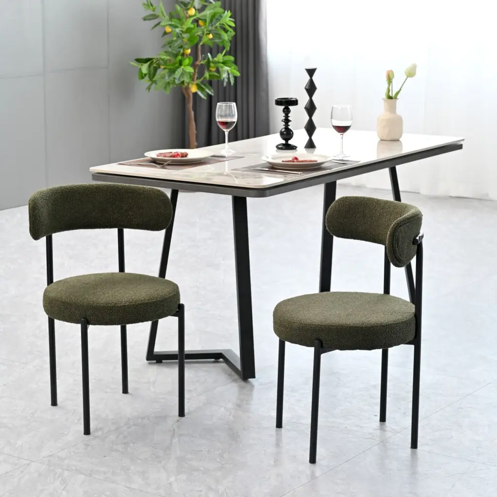 Green Boucle Dining Chairs Set 2 Mid Century Modern Curved Backrest rnb