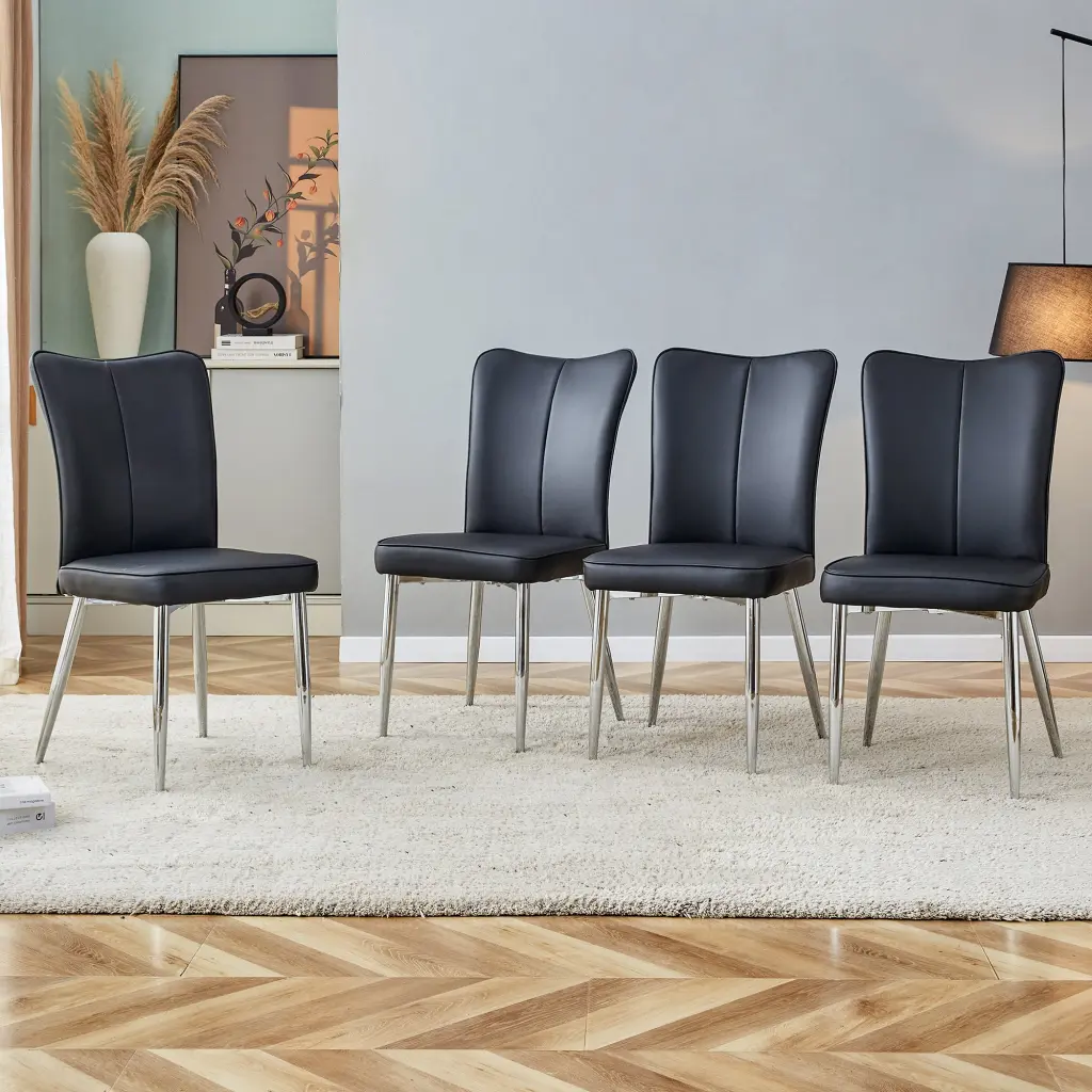 Modern Minimalist Dining Chairs Black PU Leather Curved Backrest Set 4 rnb
