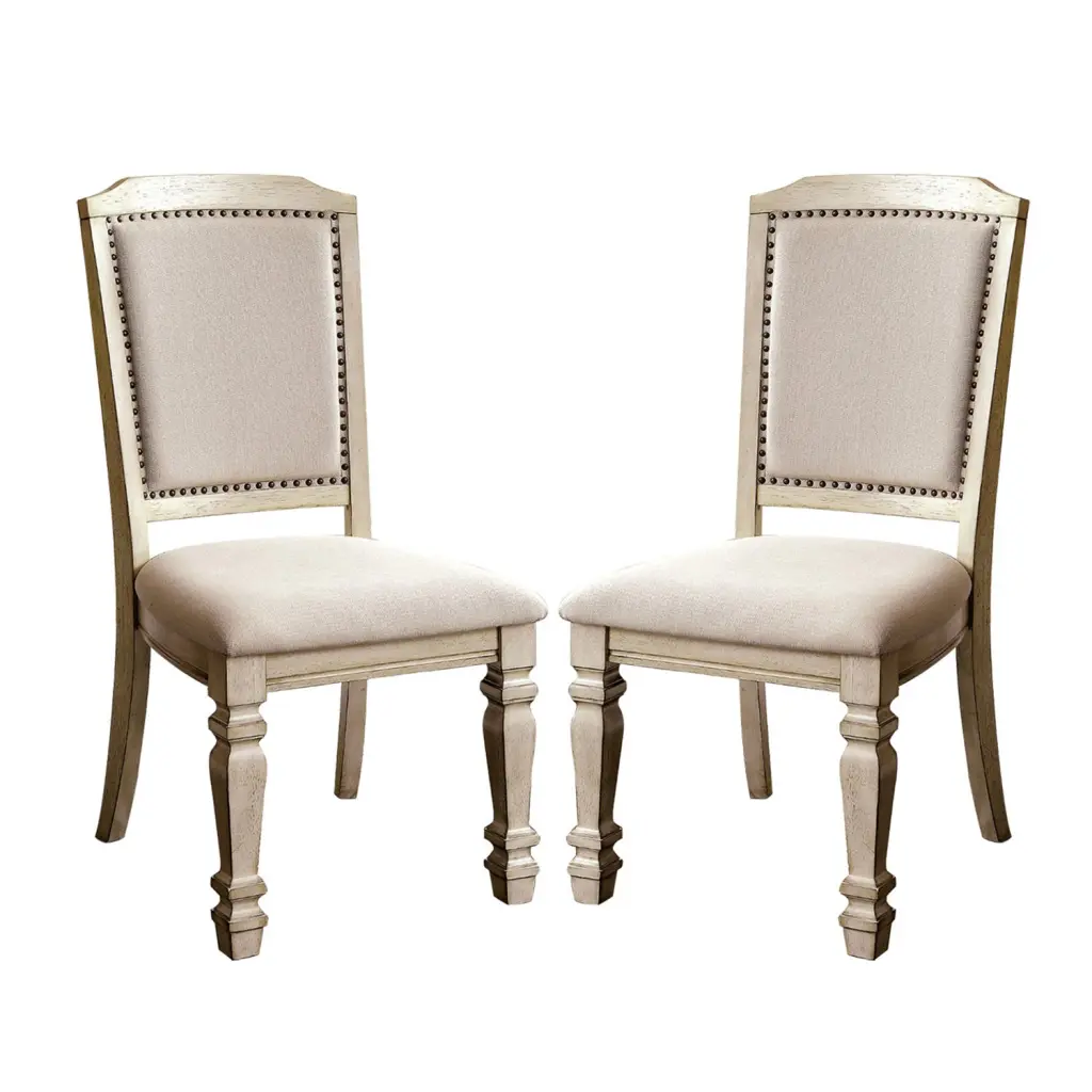 Set 2 Padded Fabric Dining Chairs Antique White And Ivory Solid Wood Legs simple relax