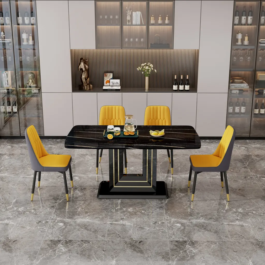 Table and Chair Set, 1 Table and 4 PU Chairs Black Imitation Marble Pattern droom w-1151