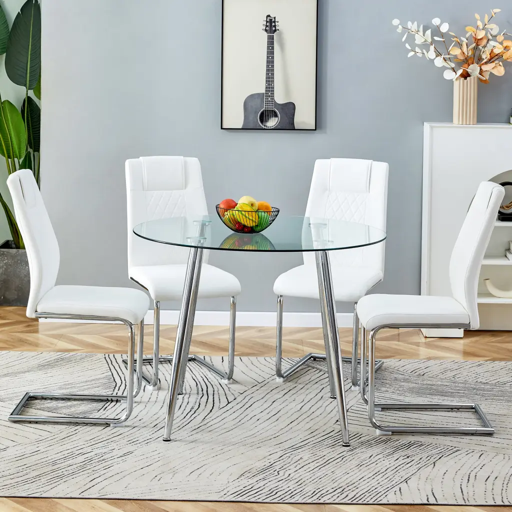 Table And Chair Set 1 Table 4 Chairs Circular Dining Table Wood Finish droom w-1151