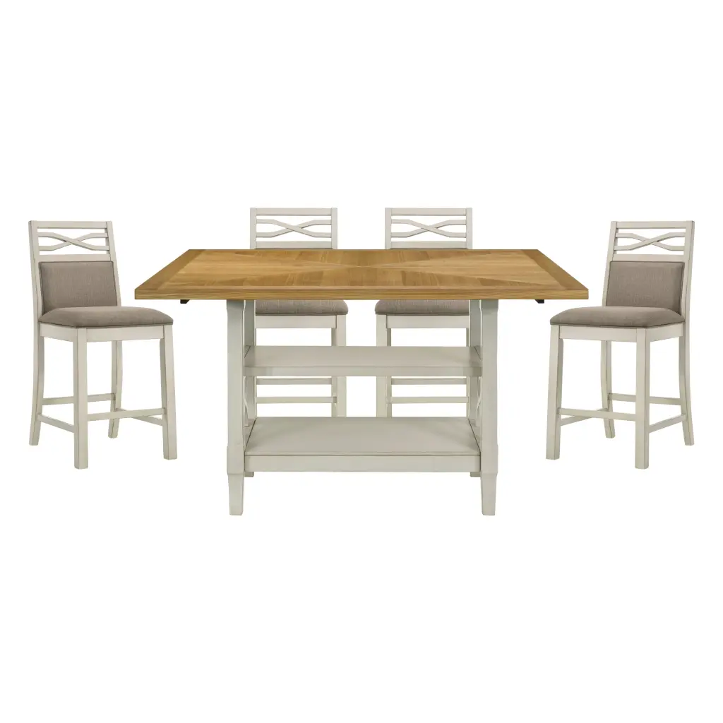 5Pc Dining Set Counter Height Table Base 2 Shelves and 4 Upholstered Chairs - Complete Kitchen Set kanepe